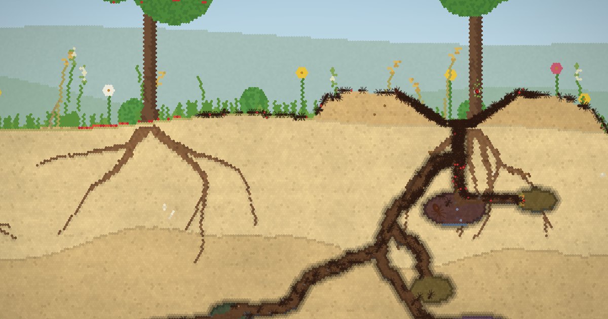 An ant nest in Ant Colony: tunnels and chambers under a meadow, with ants carrying food and brood